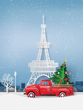  Peper art of Merry Christmas and winter season with red truck carry christmas tree.のイラスト素材