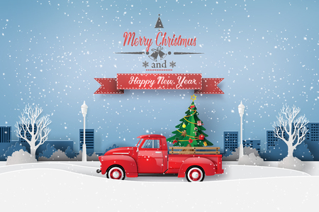  Peper art of Merry Christmas and winter season with red truck carry christmas tree.のイラスト素材
