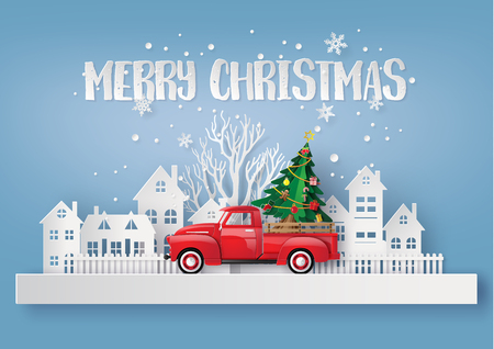  Peper art of Merry Christmas and winter season with red truck carry christmas tree.のイラスト素材