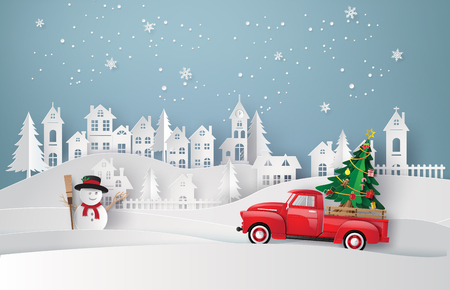 
 Peper art of Merry Christmas and winter season with red truck carry christmas tree.のイラスト素材