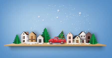 Merry Christmas and Happy New Year. Illustration of red truck in the village,paper art and craft styleのイラスト素材