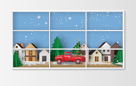 Merry Christmas and Happy New Year. Illustration of red truck in the village,paper art and craft styleのイラスト素材