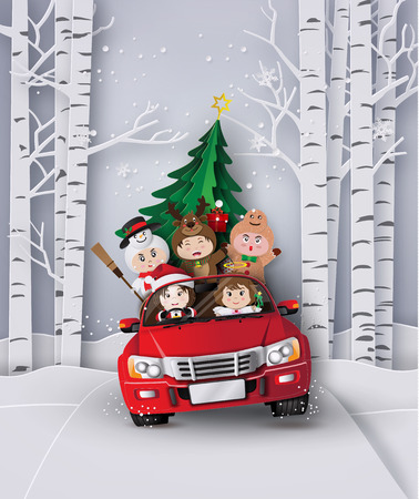 Paper art  of Merry christmas and winter  with children on red car.のイラスト素材