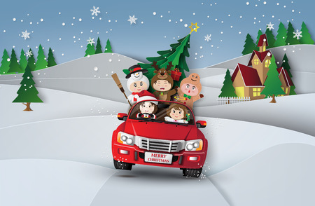 
Paper art  of Merry christmas and winter  with children on red car.in the village.のイラスト素材