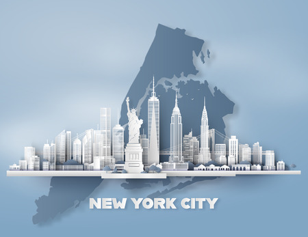 Manhattan,New York City with urban skyscrapers, Paper art 3d from digital craft style.のイラスト素材
