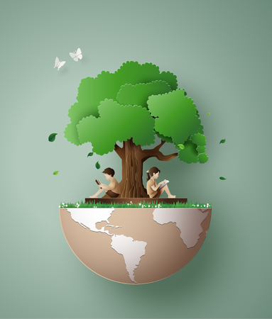 Concept of ecology and environment with children read a book under tree.Paper art 3d from digital craft style.のイラスト素材