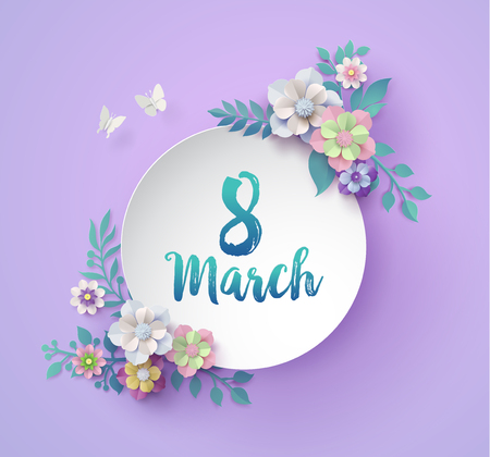 International Women's Day 8 march with frame of flower and leaves , Paper art 3d from digital craft style.のイラスト素材