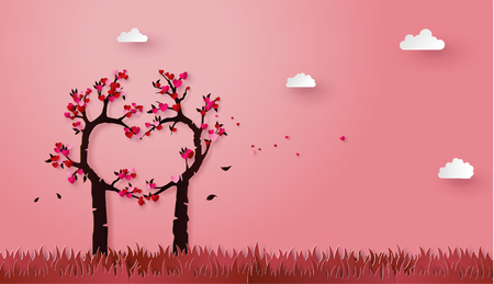 concept of love and valentine day with love tree, paper art 3d from digital craft.のイラスト素材