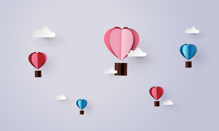 Origami made hot air balloon in a heart shape. paper art 3d from digital craft.のイラスト素材