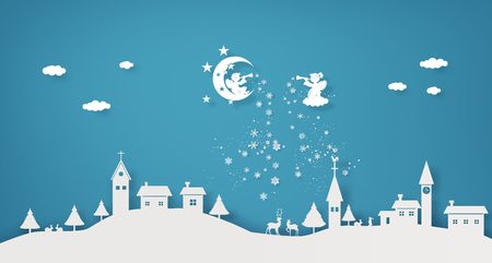Merry Christmas and Happy new year,with angel In the sky is trumpeted over village,Paper art 3D from digital craft.のイラスト素材