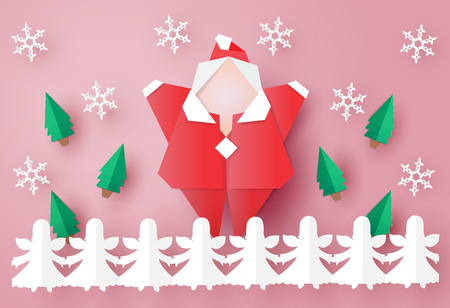 Santa Clause origami is hands up with little angels paper chains,vector illustration paper art style.のイラスト素材