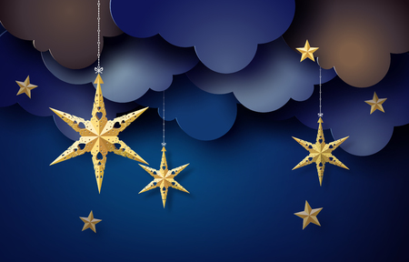 Origami star hang on sky in dark night, Paper art 3D from digital craft.のイラスト素材