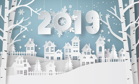 Happy new year and winter season , Snow Urban Countryside Landscape City Village with text 2019,paper art and craft style.のイラスト素材