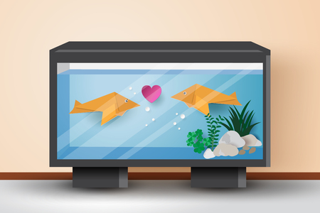 Origami fishes fall in love with each other in the fish tank,vector illustration paper art style.のイラスト素材