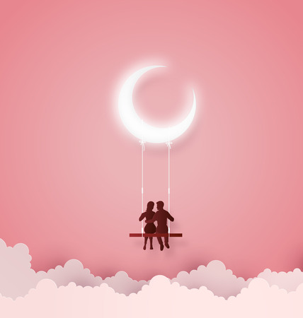 Concept of Love and Valentine day ,Couples sit on swing with crescent moon. Paper art 3D from digital art and craft.のイラスト素材