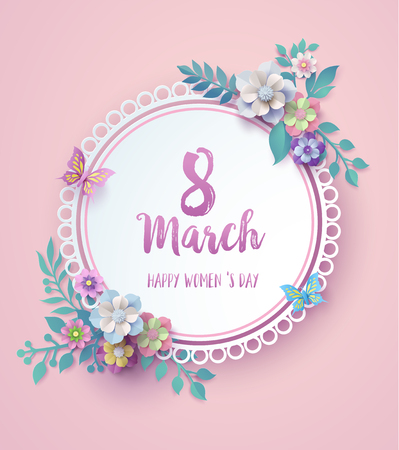 International Women's Day 8 march with frame of flower and leaves , Paper art style.のイラスト素材