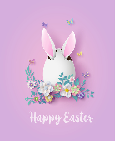 Illustration of Easter day with egg and rabbit ,paper art and digital craft style.のイラスト素材