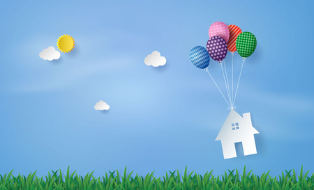 business concept paper house hanging with colorful balloon , paperart style.の写真素材