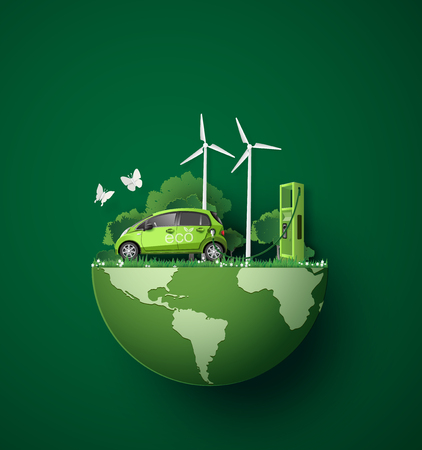 concept of Environmentally friendly  with eco car .paper art and craft style.のイラスト素材