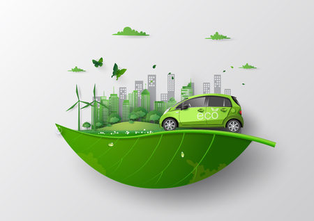 concept of Environmentally friendly  with eco car .paper art and craft style.のイラスト素材