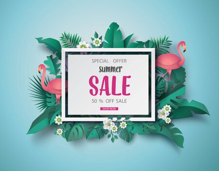 Summer sale banner paper cut  with flamingo and tropical leaves backgroundのイラスト素材