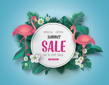 Summer sale banner paper cut  with flamingo and tropical leaves backgroundのイラスト素材