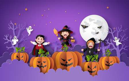 Happy Halloween party with group children in halloween costumesのイラスト素材