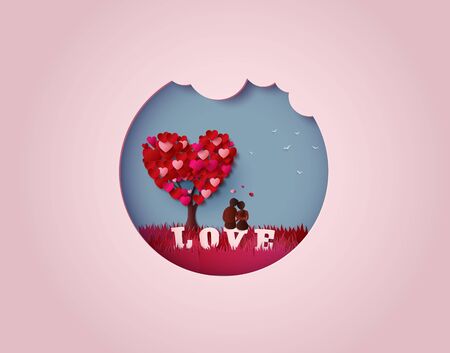 illustration of two enamored under a love tree, paper cut art.のイラスト素材