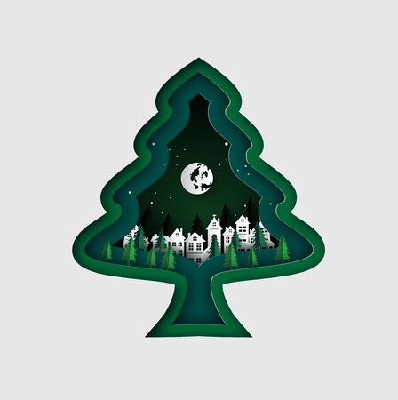 Merry Christmas greeting card with christmas tree and snow flake. paper cut art vector illustration.のイラスト素材