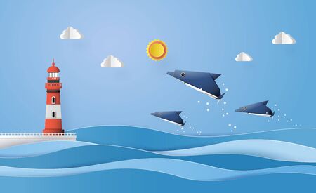 Origami made dolphin and sailing boat Float on the sea with sun beam .のイラスト素材