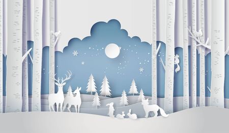 Illustration of winter season and Merry Christmas . The animal in forest with fullmoon,paper art and craft styleのイラスト素材