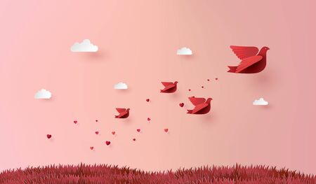 Paper art of Love and Valentine day, with paper bird flying on the sky.のイラスト素材