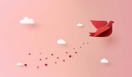 Paper art of Love and Valentine day, with paper bird flying on the sky.のイラスト素材