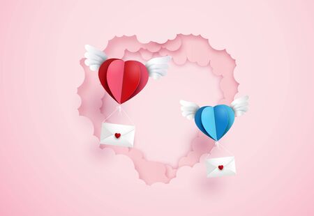 illustration of love and valentine day,Origami made hot air balloon flying on the sky.paper art collage style.のイラスト素材