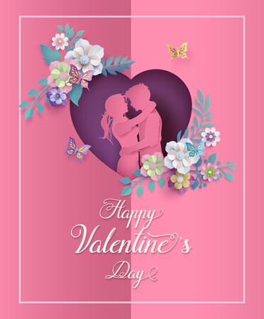 Greeting card Love and Valentine day,illustration with a paper art collage styleのイラスト素材