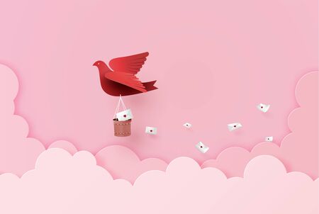 Paper bird flying on the sky with envelope, illustration with a paper art collage styleのイラスト素材