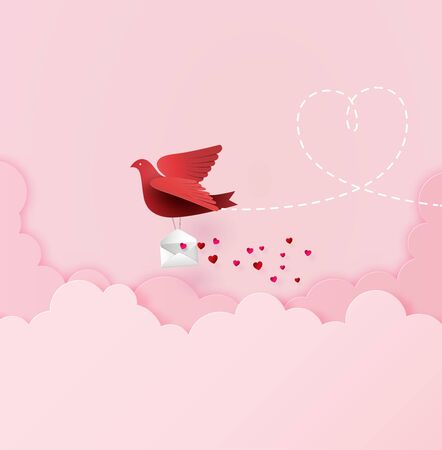 Paper bird flying on the sky with envelope, illustration with a paper art collage styleのイラスト素材