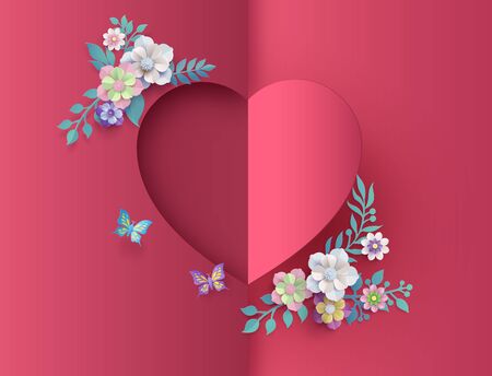 Greeting card Love and Valentine day,illustration with a paper art collage styleのイラスト素材