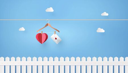 illustration of love and Valentine day with colorful paper hearts and envelope hanging on the clothes line. paper art collage style.のイラスト素材