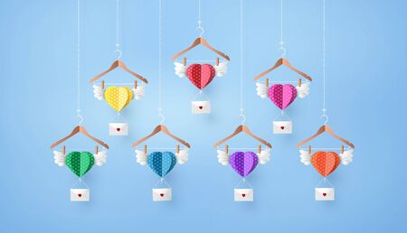 illustration of love and valentine day, colorful paper heart flying on the sky.paper art collage style.のイラスト素材