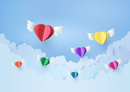 illustration of love and valentine day, colorful paper heart flying on the sky.paper art collage style.のイラスト素材