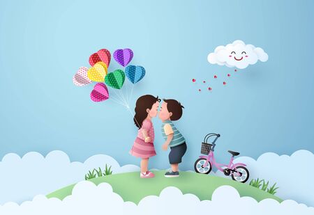 illustration of love and valentine day with 
Babygirl and babyboy kissing.paper art collage style.のイラスト素材