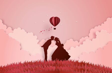 Illustration of love and valentine's Day,  with lover kissing.paper art and origami style.のイラスト素材