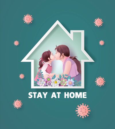 Family stay at home in self quarantine during the coronavirus epidemic, paper cut style.のイラスト素材