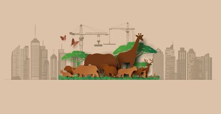 World Wildlife Day with the animal in forest , Paper cut style.のイラスト素材