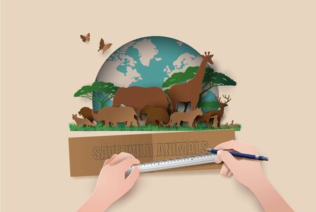 World Wildlife Day with the animal in forest , Paper cut style.のイラスト素材