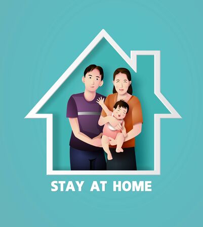 Family stay at home in self quarantine during the coronavirus epidemic, paper cut style.のイラスト素材
