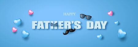 Happy Father's Day greeting card , poster or banner with icon decoration. Includes mustache, neck tie,glasses.paper cut styleのイラスト素材
