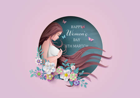 International Women's Day 8 march with frame of flower and leaves , Paper art style.の写真素材