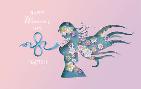 International Women's Day 8 march with frame of flower and leaves , Paper art style.の写真素材